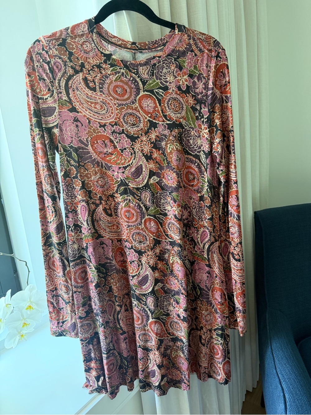 NATURAL LIFE Long Sleeve Paisley Floral Swing Dress in Pink and Brown